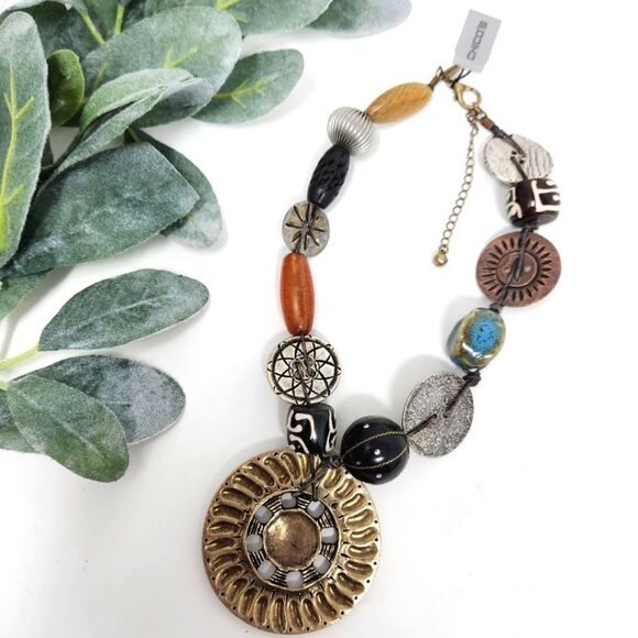 CHICO'S Mixed Media Chunky Bold Beaded Medallion Statement Necklace NWT - Picture 1 of 11